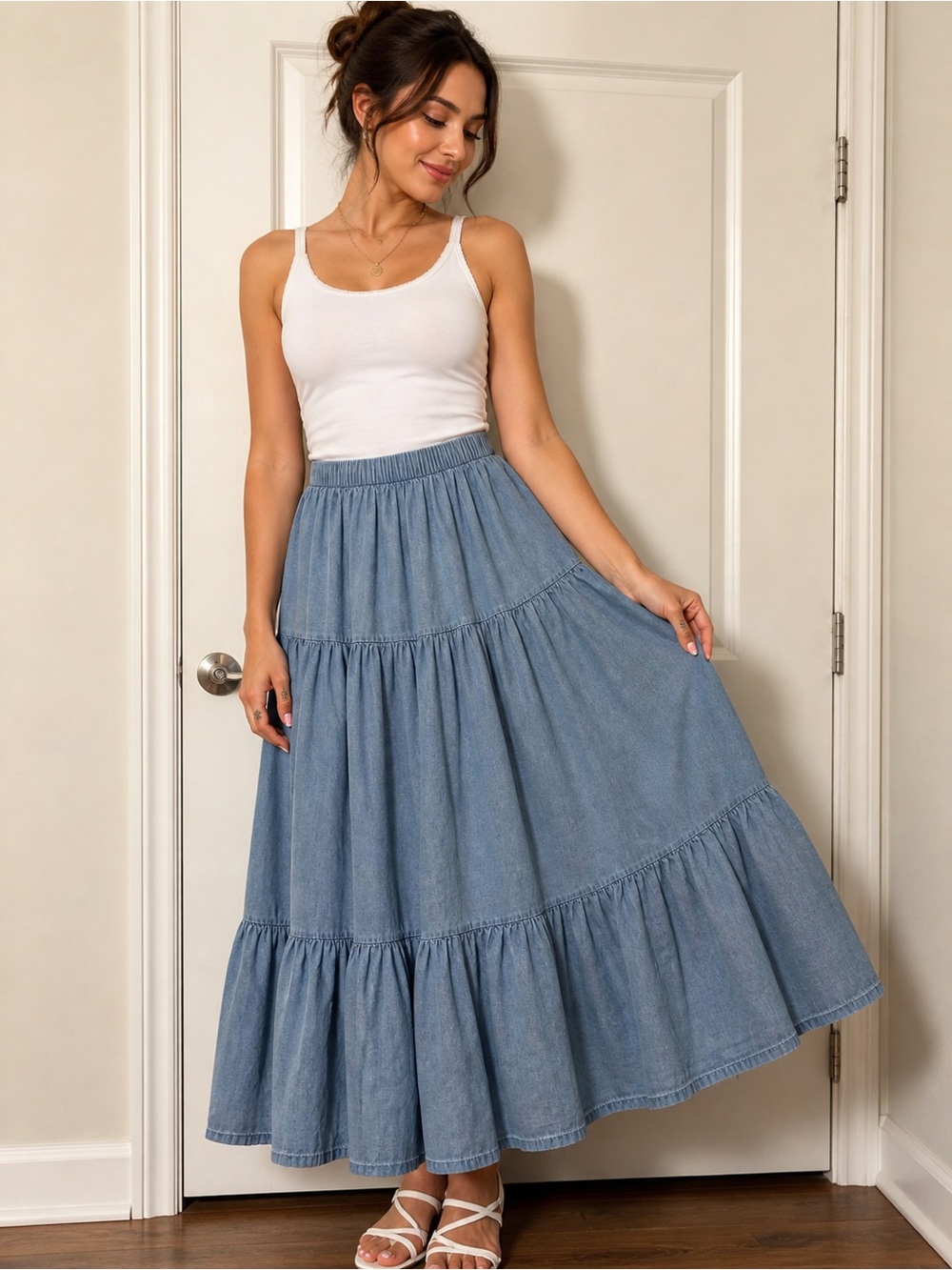 Classic Denim Tiered Maxi Skirt - Light Blue
